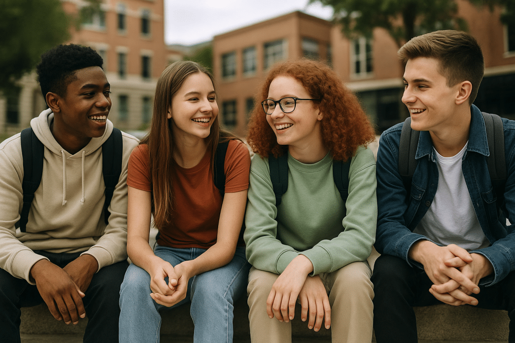 Afbeelding gegenereert met AI, 4 jongeren die naast elkaar zitten, in gesprek met elkaar over de toekomst van Parkstad Limburg